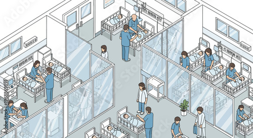 Hospital ward with patients and medical staff in isometric view.