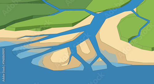 River Delta With Multiple Channels Flowing Into The Sea.