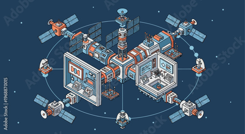Space station orbiting Earth with solar panels and satellites.