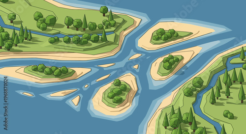 Aerial View of a River Delta with Islands and Trees.