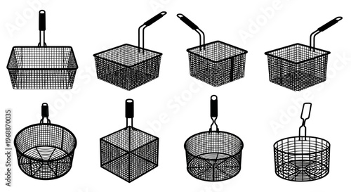Collection of eight diverse wire mesh fry baskets with handles showcasing various shapes and sizes including rectangular and round designs presented against a clean white