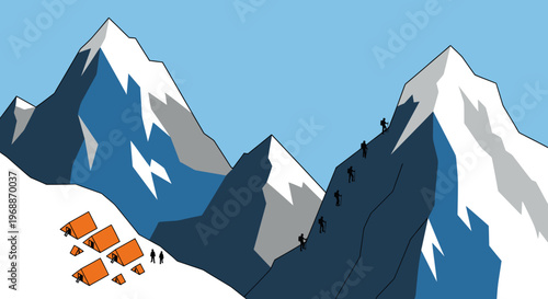 Mountain climbing expedition with tents and climbers on snowy peaks.