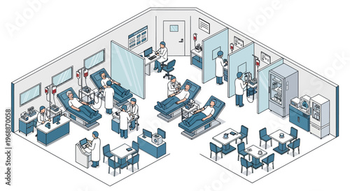 Medical clinic interior with patients and doctors.