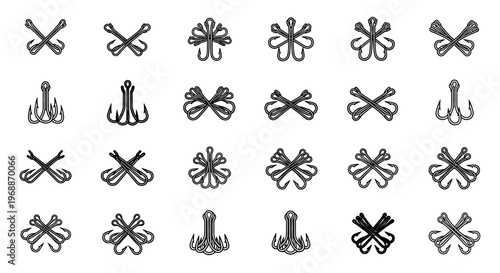 Collection of fishing hooks and lures arranged in a grid pattern showcasing various designs and shapes presented as graphic icons on a clean white background representing angling