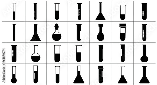 Collection of diverse laboratory glassware silhouettes including test tubes flasks and beakers filled with liquid arranged in a grid for science and research concepts