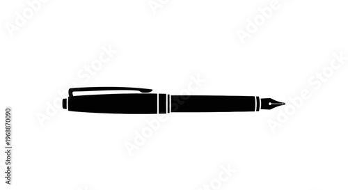 Elegant black fountain pen with silver accents and clip isolated on a clean white background symbolizing writing creativity and classic communication captured in a sharp studio