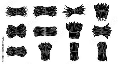 Collection of diverse black silhouette icons representing bundles of straw hay or wheat tied with twine isolated on a clean white background showcasing agricultural elements