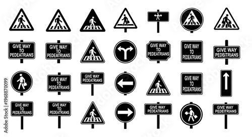 Collection of black and white pedestrian crossing and give way signs isolated on white background symbolizing traffic safety road rules and urban navigation for drivers and walkers