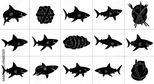 Collection of bold black silhouette icons representing sharks in various poses and nautical knots set against a clean white background ideal for marine life themes and graphic