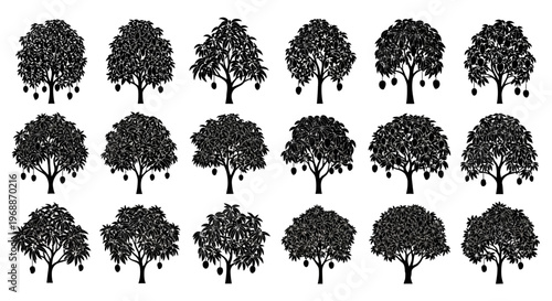 Collection of silhouetted mango trees with ripe fruit isolated on white background various shapes and sizes illustrating growth and nature's bounty perfect for design elements