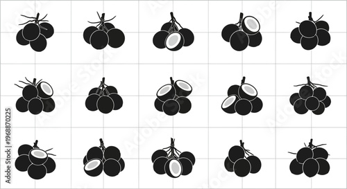 Collection of stylized black and white illustrations of coconuts whole and halved presented in clusters on a clean white grid background symbolizing tropical fruit and healthy