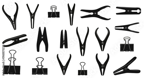 Collection of black silhouette clamps and binders including binder clips spring clamps and clothes pins isolated on a white background versatile tools for organization and crafting