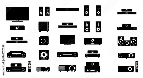 Collection of modern home theater audio and video electronic devices including flat screen televisions soundbars subwoofers projectors and remote controls presented as clean