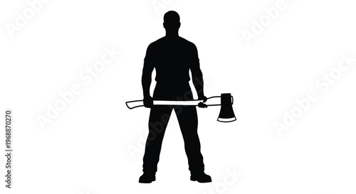 Silhouette of a man holding a large axe facing forward