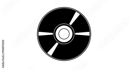 Stylized black and white illustration of a compact disc representing data storage digital media and music playback technology with a clean minimalist aesthetic on a plain