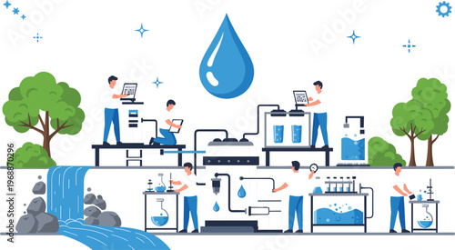 Water Purification and Filtration Process Flat Vector Illustration with Scientists Working in Laboratory for Clean Environment Sustainability.eps