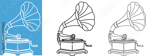 Vintage antique gramophone record player vector illustration set with line art and silhouette for retro music themes and classic audio..eps