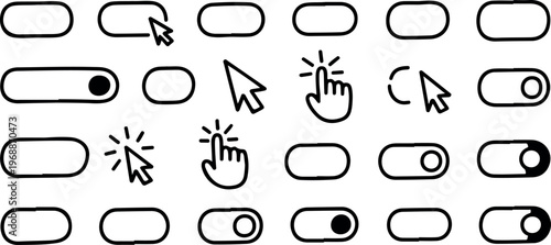 Various toggle buttons and click icons with mouse cursors and hand pointers modern ui elements.