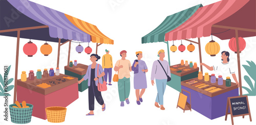 Vector cartoon scene of market street with shoppers walking past colorful stalls and hanging paper lanterns.