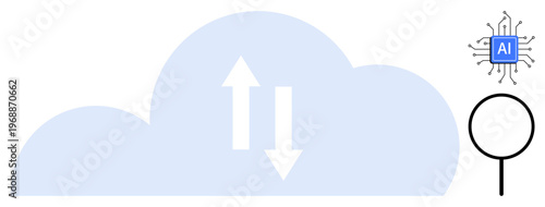 Cloud computing, AI technology, data storage, information exchange, search functionality, innovation. A cloud with arrows, AI chip and magnifying glass. s cloud computing and AI technology