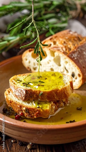 Oiled bread slices stacked in brown ceramic bowl with rosemary sprig
