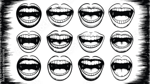 Collection of diverse open mouths and smiles in a graphic illustration style