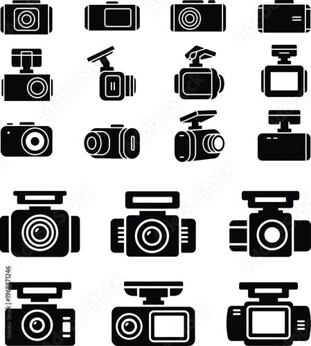Assortment of dash cam and camera icons in black and white with car camera with video recorder