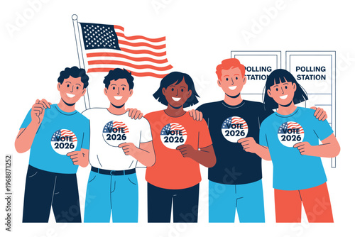 A diverse group of people standing together, holding Vote 2026 stickers and smiling in front of an American flag and polling station signs.