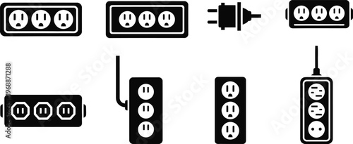Collection of electrical outlet and plug icons in black and white with extension cord