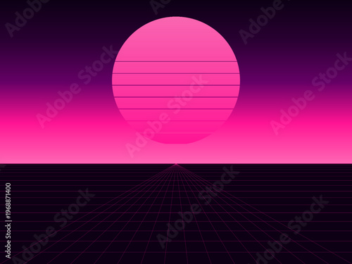 Retro Futuristic Sun Wireframe Grid Dark Background Vector