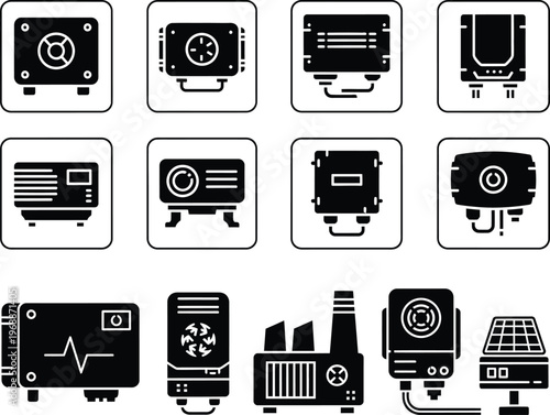 Diverse collection of electronic device icons including server, projector, and battery, black and white