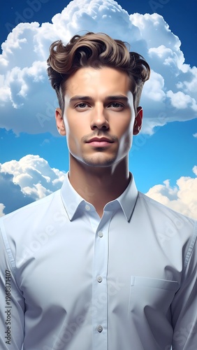 Portrait of a handsome man in a white shirt against a backdrop of fluffy clouds and blue sky. He gazes forward