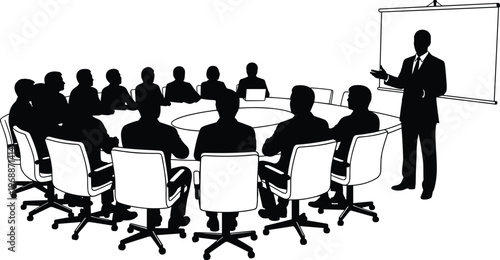 Business presentation in boardroom meeting, team discussion around table, corporate training, leadership communication, professional teamwork, office seminar illustration concept