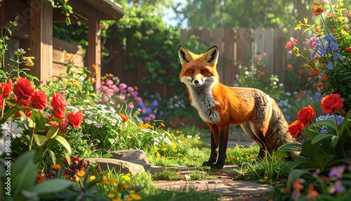 Fox stands in bright garden, surrounded by colorful flowers, cottage and fence in the background