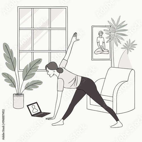 A woman practicing yoga in a living room while watching an online class on her laptop, flat graphic style, with indoor plants and large window in background. Vector .
