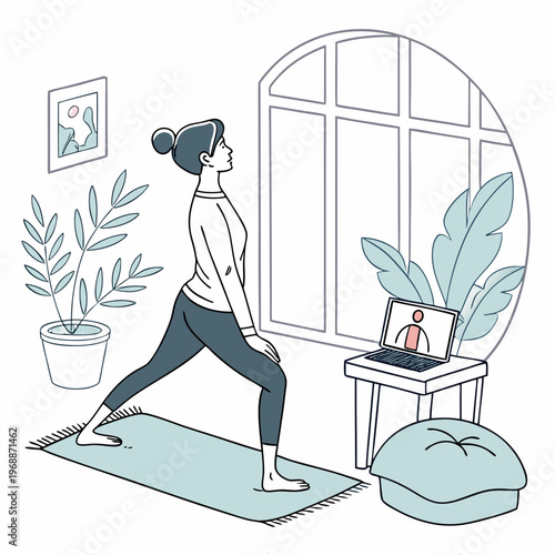 A woman practicing yoga in a living room while watching an online class on her laptop, flat graphic style, with indoor plants and large window in background. Vector .