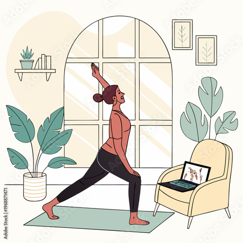 A woman practicing yoga in a living room while watching an online class on her laptop, flat graphic style, with indoor plants and large window in background. Vector .