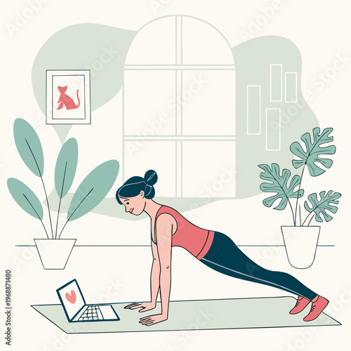 A woman practicing yoga in a living room while watching an online class on her laptop, flat graphic style, with indoor plants and large window in background. Vector .