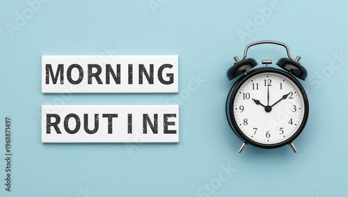 A simple visual representation of a morning routine with an alarm clock set for an early start on a calming blue background