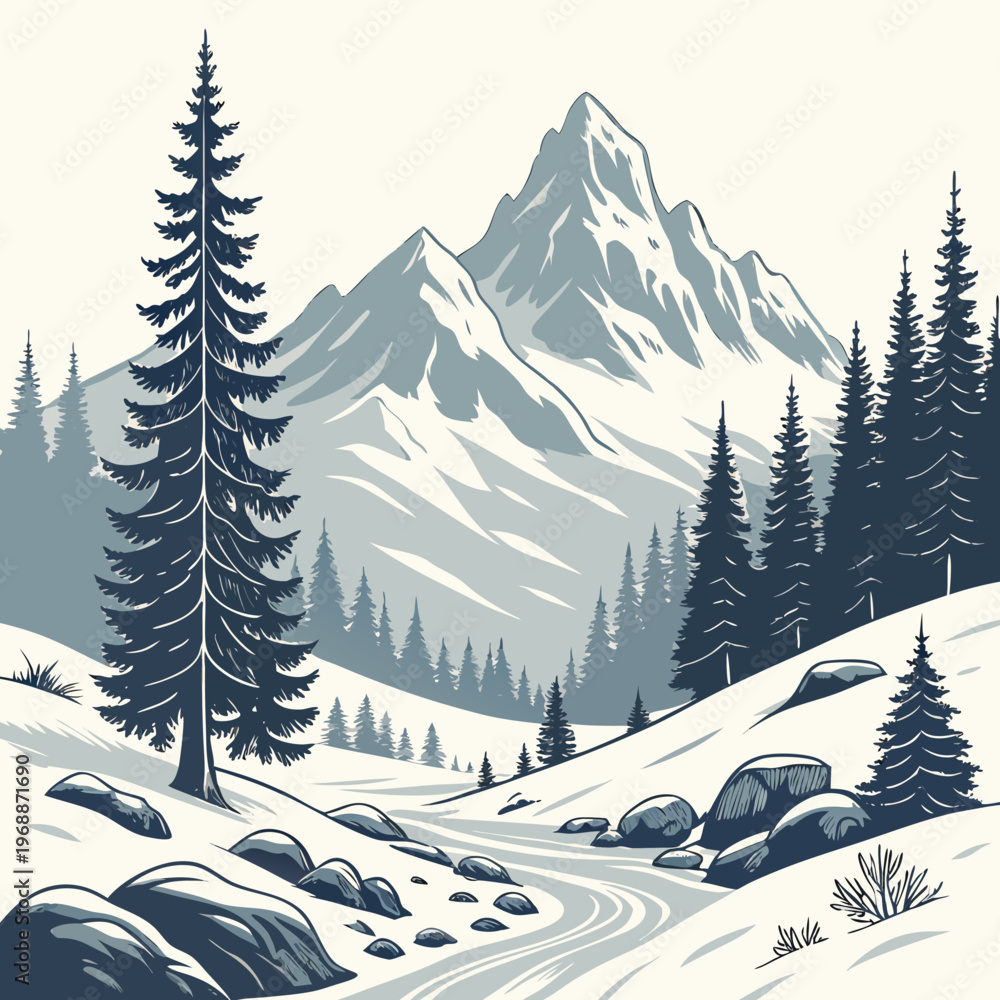 Fototapeta premium Beautiful winter landscape. Natural scenery with snow capped mountains, rocks, spruce forest and hills with snowdrifts. Wild panorama in cold weather season. Cartoon flat vector .