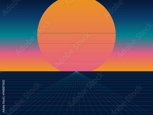 Vintage 80s Sunset Gradient Sky Perspective Grid Template