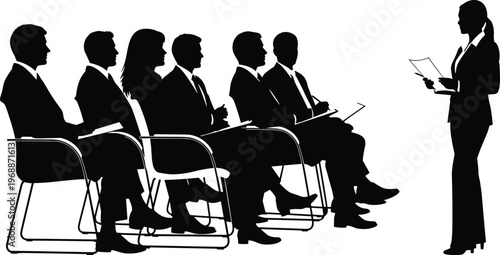 Business presentation with speaker and audience, corporate training session, professional communication, seminar meeting, leadership skills, office teamwork concept illustration