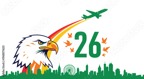 An eagle soars with an airplane and the celebratory number 26 above a green cityscape, symbolizing national pride and progress.