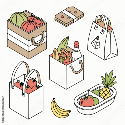 Assorted groceries in isometric vector illustration style on a light background, concept of shopping and food items. Set of isometric vector illustrations isolated on white .