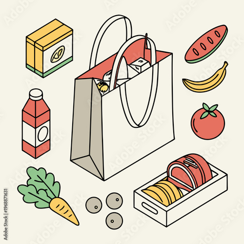 Assorted groceries in isometric vector illustration style on a light background, concept of shopping and food items. Set of isometric vector illustrations isolated on white .