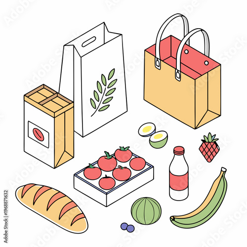 Assorted groceries in isometric vector illustration style on a light background, concept of shopping and food items. Set of isometric vector illustrations isolated on white .