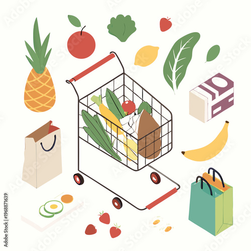 Assorted groceries in isometric vector illustration style on a light background, concept of shopping and food items. Set of isometric vector illustrations isolated on white .