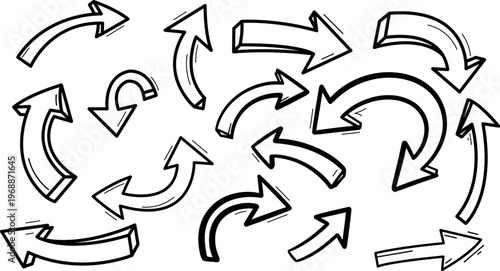 Collection of hand drawn arrows directional indicators and flowing movement