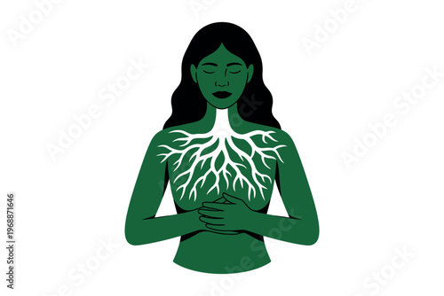 A woman with green skin and roots growing from her chest symbolizes nature and wellness