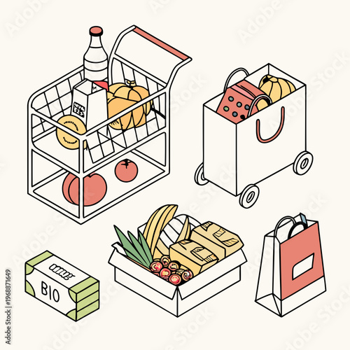 Assorted groceries in isometric vector illustration style on a light background, concept of shopping and food items. Set of isometric vector illustrations isolated on white .